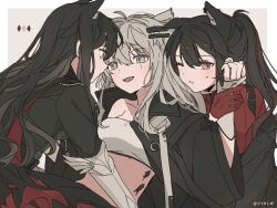 Rule 34 | 3girls, animal ear fluff, animal ear piercing, animal ears, arknights, arm support, armor, artist name, belt, belt buckle, black belt, black cape, black hair, black hood, black jacket, border, breasts, brown eyes, buckle, cape, clone, collarbone, collared jacket, color guide, commentary, crop top, dot nose, ear piercing, extra ears, eye contact, fingerless gloves, from side, gauntlets, gloves, grey eyes, grey hair, hair between eyes, hair ornament, hairclip, hand in another&#039;s hair, hand up, hands up, heads together, holding another&#039;s wrist, hood, hood down, hooded cape, jacket, lappland (arknights), leaning, leaning back, leaning forward, leaning on person, long sleeves, looking at another, looking to the side, material growth, medium breasts, messy hair, multicolored cape, multicolored clothes, multicolored hair, multiple girls, off shoulder, open clothes, open jacket, open mouth, oripathy lesion (arknights), outside border, pale skin, parted lips, piercing, ponytail, profile, red cape, red gloves, red hair, red shirt, scar, scar across eye, scar on face, sepia background, seri (vyrlw), sharp teeth, shirt, simple background, single bare shoulder, smile, sweatdrop, symbol-only commentary, teeth, texas (arknights), texas (willpower) (arknights), texas the omertosa (arknights), texas the omertosa (wingbreaker) (arknights), tongue, twitter username, two-tone cape, two-tone hair, upper body, upper teeth only, white border, white gloves, white shirt, wide sleeves, wing collar, wolf ears, wolf girl, yuri