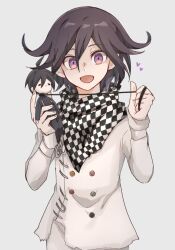 Rule 34 | 1boy, ahoge, black hair, buttons, chain, character doll, checkered clothes, checkered scarf, danganronpa (series), danganronpa v3: killing harmony, doll, drawstring, excited, formal, happy, heart, highres, holding, holding doll, looking at viewer, male focus, open mouth, oma kokichi, pinstripe pattern, pinstripe suit, purple eyes, purple hair, rosemary10119, saihara shuichi, scarf, short hair, solo, standing, straitjacket, striped, suit, wavy hair, white background