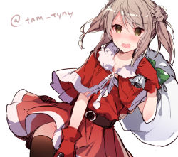 Rule 34 | 10s, 1girl, alternate costume, bad id, bad pixiv id, belt, black thighhighs, blush, brown eyes, capelet, double bun, dress, gloves, grey hair, hair bun, ikeuchi tanuma, kantai collection, looking at viewer, michishio (kancolle), open mouth, red dress, red gloves, sack, santa costume, solo, swept bangs, thighhighs, twintails, twitter username