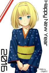 Rule 34 | 10s, 1girl, 2016, amayo401, blonde hair, blue eyes, breasts, hairband, happy new year, heavy object, highres, japanese clothes, kimono, looking at viewer, milinda brantini, new year, short hair, small breasts, smile, solo