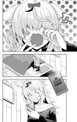 Rule 34 | 1girl, 3koma, alternate costume, animal ears, bed, bedroom, blush stickers, bow, breasts, cellphone, collarbone, comic, commentary request, covered eyes, drooling, fox ears, fox girl, greyscale, hair bow, hair over eyes, highres, holding, holding phone, hololive, indoors, long sleeves, looking at phone, lying, matsubara tsuyoshi, medium hair, monochrome, mouth drool, off shoulder, omaru polka, open mouth, painting (object), phone, silent comic, sleepy, small breasts, smartphone, translated, under covers, virtual youtuber, waking up, yawning