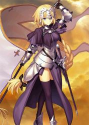 Rule 34 | 1girl, armor, banner, blonde hair, blue eyes, fate/apocrypha, fate/grand order, fate (series), gauntlets, headpiece, holding, holding weapon, jeanne d&#039;arc (fate), jeanne d&#039;arc (ruler) (fate), long hair, looking at viewer, official art, smile, solo, sword, takeuchi takashi, thighhighs, waifu2x, weapon