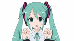 Rule 34 | 1girl, animated, animated gif, aqua eyes, aqua hair, aqua necktie, bare shoulders, blinking, detached sleeves, hair ornament, hands up, hatsune miku, headphones, lamazep, looking at viewer, necktie, shirt, sleeveless, sleeveless shirt, smile, solo, twintails, upper body, vocaloid, white background