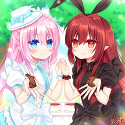 Rule 34 | 2girls, animal ears, black skirt, blue bow, blue eyes, blue skirt, blush, bow, character request, closed mouth, copyright name, dairoku ryouhei, fake animal ears, food, hair between eyes, hands up, hat, hat bow, holding, holding food, holding hands, interlocked fingers, multiple girls, pink hair, pointy ears, puffy short sleeves, puffy sleeves, rabbit ears, red eyes, red hair, red skirt, shikito (yawa0w0), shirt, short sleeves, skirt, smile, tilted headwear, white headwear, white shirt, wrist cuffs
