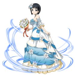 Rule 34 | 1girl, black eyes, black hair, blue dress, blunt bangs, bouquet, bow, breasts, choker, closed mouth, detached sleeves, dress, flower, from side, full body, hair flower, hair ornament, highres, holding, holding bouquet, kirigaya suguha, large breasts, layered dress, layered sleeves, long dress, looking at viewer, official art, print dress, red bow, red ribbon, ribbon, short hair, sideboob, sketch, skirt hold, sleeveless, sleeveless dress, solo, strapless, strapless dress, sword art online, sword art online: memory defrag, transparent background, wedding dress, white dress, white flower