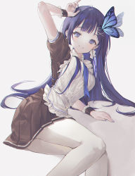 Rule 34 | 1girl, aoi nabi, apron, arm up, black dress, blue eyes, blue hair, breasts, butterfly hair ornament, cha chya, dress, earrings, grin, hair ornament, hairclip, highres, indie virtual youtuber, jewelry, long hair, looking at viewer, lying, maid, maid apron, medium breasts, necktie, on side, pantyhose, pleated dress, reclining, short sleeves, smile, solo, very long hair, virtual youtuber, white pantyhose, wrist cuffs