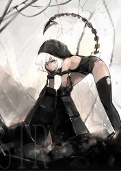 Rule 34 | 10s, 1girl, black rock shooter, black thighhighs, fishine, hood, hoodie, looking at viewer, mechanical arms, single mechanical arm, solo, strength (black rock shooter), tail, thighhighs, white hair, yellow eyes