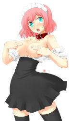 Rule 34 | 1girl, aqua eyes, bare shoulders, black thighhighs, blush, borrowed character, breast hold, breasts, buckle, cleavage, collar, covering privates, covering breasts, covering nipples, dress, large breasts, maid, maid headdress, nagian, nipples, open mouth, original, pink hair, short hair, solo, takagi (tansuke), thighhighs, zettai ryouiki