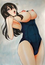Rule 34 | 1girl, black hair, blue background, blue one-piece swimsuit, blush, bouncing breasts, breasts, breasts out, brown eyes, highres, kirisute, large breasts, long hair, looking down, nipples, one-piece swimsuit, open mouth, school swimsuit, standing, surprised, sweat, swimsuit, teeth
