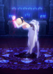 Rule 34 | 1girl, artoria pendragon (all), artoria pendragon (fate), bdsm, bent over, black bow, blonde hair, bondage, bound, bow, candle, closed eyes, dress, elbow gloves, fate (series), gloves, hair bow, high heels, restrained, saber (fate), sleeveless, sleeveless dress, strapless, strapless dress, tagme, thighhighs, white dress