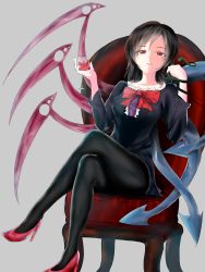 Rule 34 | 1girl, alternate legwear, asymmetrical wings, black dress, black hair, black pantyhose, bow, bowtie, collarbone, couch, crossed legs, cup, dress, drinking glass, frills, high heels, highres, honefuto, houjuu nue, long sleeves, looking at viewer, pantyhose, parted lips, red bow, red bowtie, red eyes, sitting, smile, snake, solo, touhou, wine glass, wings