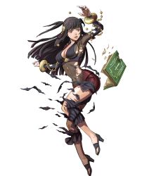 Rule 34 | 1girl, black eyes, black hair, book, bracelet, breasts, cleavage, covered navel, feet, female focus, fire emblem, fire emblem fates, fire emblem heroes, full body, high heels, highres, injury, jewelry, kusakihara toshiyuki, large breasts, long hair, matching hair/eyes, nintendo, official art, open mouth, rhajat (fire emblem), ryona, sandals, sideboob, solo, toes, torn clothes, transparent background, two side up