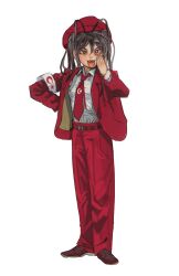 Rule 34 | 1girl, absurdres, antenna hair, belt, brown footwear, brown hair, collared shirt, formal, full body, hand up, highres, jacket, loafers, looking at viewer, medium hair, mesuturk, mossacannibalis, necktie, original, pants, red headwear, red jacket, red necktie, red pants, shirt, shirt tucked in, shoes, simple background, solo, standing, star and crescent, suit jacket, tongue, tongue out, turkey (country), white background, white jacket, white shirt