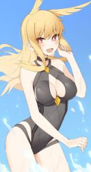 Rule 34 | 1girl, absurdres, bare shoulders, black one-piece swimsuit, blonde hair, blush, breasts, cleavage, cleavage cutout, clothing cutout, fate/grand order, fate (series), head wings, highleg, highleg swimsuit, highres, kopaka (karda nui), large breasts, long hair, looking at viewer, one-piece swimsuit, open mouth, red eyes, sidelocks, smile, solo, swimsuit, thighs, thrud (fate), thrud (swimsuit assassin) (fate), valkyrie (fate), wings