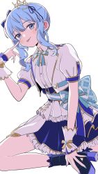 Rule 34 | 1girl, akanbe, ankle boots, blue bow, blue bowtie, blue eyes, blue footwear, blue hair, boots, bow, bowtie, crown, eyelid pull, high heel boots, high heels, highres, hololive, hololive idol uniform (bright), hoshimachi suisei, jacket, layered skirt, looking at viewer, mini crown, official alternate costume, puffy short sleeves, puffy sleeves, shirt, short sleeves, side ponytail, sidelocks, skirt, soh himitsuki, solo, tongue, tongue out, upper body, virtual youtuber, white background, white jacket, white shirt, white skirt