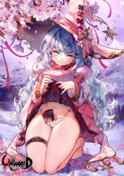 Rule 34 | barefoot, black joa, blue eyes, blue hair, box, cherry blossoms, clothes lift, coat, copyright name, dress, dress lift, gift, gift box, gluteal fold, hat, highres, kneeling, lifted by self, long hair, messy hair, navel, object in clothes, object in panties, off shoulder, official art, original, outdoors, panties, pink coat, pink dress, pink headwear, smile, thigh gap, thigh strap, thighs, tree, underwear, unleashed, valentine, white panties, witch hat