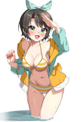 Rule 34 | 1girl, absurdres, ama rei, bikini, black hair, blue eyes, breasts, cleavage, cowboy shot, drawstring, hair ribbon, highres, hololive, hood, hooded jacket, hoodie, jacket, leaning forward, looking at viewer, medium breasts, multicolored clothes, multicolored jacket, nail polish, oozora subaru, oozora subaru (hololive summer 2019), open clothes, open jacket, polka dot, polka dot ribbon, ribbon, salute, short hair, simple background, sky, smile, solo, striped bikini, striped clothes, swept bangs, swimsuit, thigh gap, two-tone jacket, virtual youtuber, wading, water, white background, yellow bikini