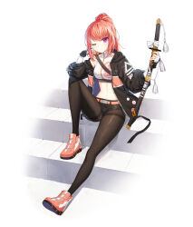 Rule 34 | 1girl, bare shoulders, belt, black jacket, black shorts, breasts, brown pantyhose, closers, crop top, elbow gloves, gloves, highres, holding, holding sword, holding weapon, jacket, katana, knee up, long hair, long sleeves, looking at viewer, luna aegis (closers), medium breasts, micro shorts, midriff, nail polish, navel, non-web source, off shoulder, official art, one eye closed, open clothes, open jacket, orange hair, pantyhose, pink footwear, ponytail, purple eyes, sheath, sheathed, shirt, shoes, shorts, sitting, sleeveless, sleeveless shirt, sleeveless turtleneck, solo, stomach, sword, thighband pantyhose, turtleneck, weapon, white gloves, white shirt