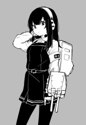 Rule 34 | 1girl, adapted turret, asashio (kancolle), cannon, collarbone, daigaku jitome, dress, dress shirt, grey background, headphones, high contrast, highres, kantai collection, machinery, monochrome, pantyhose, pinafore dress, shirt, sleeveless, sleeveless dress, solo, standing, turret