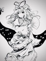 Rule 34 | 1girl, bad id, bad twitter id, closed mouth, commentary request, dress, frilled dress, frills, gap (touhou), greyscale, hand fan, hanokami, happy, hat, hat ribbon, highres, holding, holding fan, long hair, long sleeves, looking at viewer, mob cap, monochrome, ribbon, smile, solo, tabard, touhou, traditional media, very long hair, wide sleeves, yakumo yukari