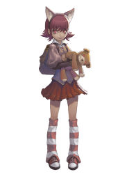 Rule 34 | 1girl, animal ears, annie (league of legends), backpack, bag, cat ears, full body, league of legends, loped, pink eyes, pink hair, randoseru, red eyes, red hair, shoes, short hair, simple background, skirt, smile, sneakers, socks, solo, striped clothes, striped legwear, striped socks, stuffed animal, stuffed toy, teddy bear