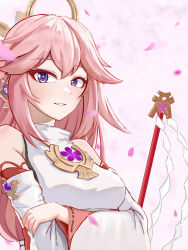 Rule 34 | 1girl, bare shoulders, breasts, commentary request, detached sleeves, genshin impact, gohei, grin, highres, huangwanzi, long hair, long sleeves, looking at viewer, medium breasts, parted lips, petals, pink hair, purple eyes, shirt, sidelocks, sleeveless, sleeveless shirt, smile, solo, upper body, very long hair, white shirt, yae miko