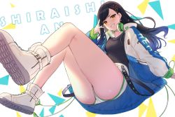 Rule 34 | 1girl, ass, black hair, black shirt, breasts, brown eyes, coat, commentary request, english text, grin, hair ornament, hairclip, headphones, headphones around neck, highres, itohana, jacket, knees up, long sleeves, project sekai, shiraishi an, shirt, short shorts, shorts, simple background, small breasts, smile, solo, teeth, thighs, triangle, v, white background, white footwear, white shorts, winter clothes, winter coat