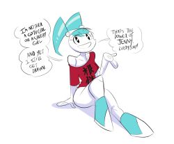 Rule 34 | 1girl, android, black eyes, bottomless, english text, herny, highres, jenny wakeman, my life as a teenage robot, no humans, open mouth, robot, shirt, simple background, sitting, solo, twintails, white background