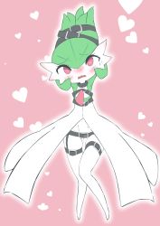 Rule 34 | 1girl, armpits, arms up, bdsm, belt, black choker, blush, bob cut, bondage, bound, bound arms, bright pupils, choker, collarbone, colored skin, creatures (company), embarrassed, female focus, flat chest, flat color, full body, game freak, gardevoir, gen 3 pokemon, gluteal fold, green hair, green skin, hair between eyes, head tilt, heart, highres, knees together feet apart, legs, looking at viewer, m3 (gardevoir m3), multicolored skin, nintendo, nose blush, open mouth, outline, pink background, pokemon, pokemon (creature), pussy juice, red eyes, short hair, simple background, skindentation, solo, standing, straight-on, sweat, thigh gap, thigh strap, thighs, two-tone skin, wavy mouth, white outline, white pupils, white skin, wide-eyed, wide hips