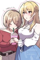 2girls absurdres blonde_hair drinking drinking_straw hair_between_eyes hair_ornament hair_over_one_eye hair_over_shoulder hairclip heaven_burns_red highres kayamori_ruka long_hair multiple_girls off_shoulder puyopiku red_eyes shirakawa_yuina short_hair sidelocks skirt yuri