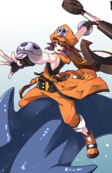 Rule 34 | 1girl, absurdres, anchor, ankle boots, arc system works, bare shoulders, belt, boots, brown eyes, brown hair, dolphin, fingerless gloves, gloves, guilty gear, guilty gear xrd, hat, highres, jolly roger, long hair, makai, may (guilty gear), orange hat, outstretched arm, pants, pants rolled up, pirate hat, riding, skull, skull and crossbones, solo, studded belt, weapon