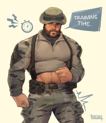 Rule 34 | 1boy, absurdres, artist name, bara, beard, belt, call of duty, call of duty: modern warfare 2, camouflage, camouflage pants, captain price, clothes lift, english text, facial hair, green belt, grey pants, grey shirt, hat, helbai, highres, large pectorals, looking at viewer, male focus, muscular, muscular male, navel, pants, pectorals, shirt, shirt lift, solo