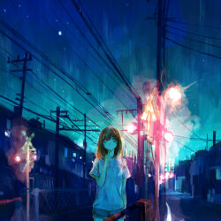 Rule 34 | 1girl, arm at side, brown hair, building, closed mouth, commentary request, finger to own chin, grey eyes, grey shorts, highres, index finger raised, long hair, looking at viewer, medium hair, night, night sky, original, outdoors, power lines, railroad crossing, scenery, shirt, short sleeves, shorts, sky, smile, solo, standing, star (sky), train, utility pole, white shirt, yori (f2 ef7)