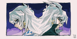 Rule 34 | 2boys, apollo hotori, back-to-back, bakura ryou, dark persona, dated, earrings, evil grin, evil smile, glint, grin, jewelry, long hair, looking at another, male focus, multiple boys, parted lips, purple eyes, signature, smile, white hair, yami bakura, yu-gi-oh!, yu-gi-oh! duel monsters