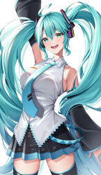 Rule 34 | 1girl, :d, absurdres, ahoge, aqua eyes, aqua hair, aqua necktie, arm up, bare shoulders, black thighhighs, breasts, commentary, cowboy shot, detached sleeves, green eyes, hatsune miku, highres, lancheu, long hair, looking at viewer, medium breasts, necktie, open mouth, pleated skirt, print skirt, shirt, sidelocks, simple background, skirt, sleeveless, sleeveless shirt, smile, solo, symbol-only commentary, thighhighs, twintails, very long hair, vocaloid, white background, wing collar, zettai ryouiki