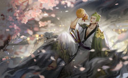 Rule 34 | 1boy, cherry blossoms, dywx poison, earrings, flower, gourd, green hair, haori, holding, japanese clothes, jewelry, katana, kimono, male focus, one piece, open mouth, roronoa zoro, scar, sitting, solo, sword, weapon, wide sleeves