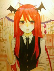 Rule 34 | :o, bat wings, black necktie, black vest, blush, breasts, collared shirt, curtains, dot nose, dress shirt, expressionless, hair between eyes, head wings, highres, koakuma, long hair, long sleeves, marker (medium), matsuppoi, medium breasts, necktie, parted lips, red eyes, red hair, shirt, sidelocks, sleeves rolled up, slit pupils, touhou, traditional media, upper body, very long hair, vest, white shirt, wings