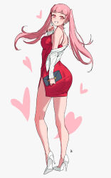 Rule 34 | 1girl, absurdres, ass, bag, blunt bangs, breasts, commentary, dress, earrings, english commentary, fire emblem, fire emblem: three houses, full body, handbag, heart, high heels, highres, hilda valentine goneril, jewelry, medium breasts, nintendo, pink eyes, pink hair, red dress, simple background, smile, solo, standing, teeth, twintails, white background, zedoraart