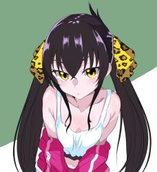 Rule 34 | 1girl, animal print, bare shoulders, black hair, blush, breasts, commentary request, crop top, crossed bangs, hair ribbon, highres, idolmaster, idolmaster cinderella girls, jacket, kazuta1000, leopard print, long hair, looking at viewer, matoba risa, navel, off shoulder, open clothes, open jacket, print ribbon, ribbon, small breasts, solo, tank top, twintails, upper body, white tank top, yellow eyes