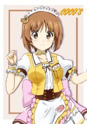 Rule 34 | 1girl, alternate costume, anglerfish, apron, boko (girls und panzer), border, bow, bow choker, brown border, brown eyes, brown hair, character name, choker, closed mouth, coco&#039;s, commentary, copyright name, dress, emblem, fish, frilled apron, frilled cuffs, frills, girls und panzer, jacket, large bow, layered skirt, looking at viewer, ma-2 (konkon kitakitsune), maid headdress, miniskirt, name tag, nishizumi miho, outside border, pink bow, pleated skirt, puffy short sleeves, puffy sleeves, shadow, short hair, short sleeves, skirt, smile, solo, standing, w arms, waist apron, waitress, white dress, white skirt, yellow choker, yellow jacket