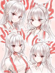 Rule 34 | ..., 1girl, ?, blouse, blush, bow, breasts, closed mouth, collared shirt, commentary request, eyes visible through hair, fujiwara no mokou, gradient background, grey hair, grey shirt, hair between eyes, hair bow, hand on own hip, highres, juliet sleeves, long hair, long sleeves, looking to the side, medium breasts, multicolored bow, open mouth, pink background, puffy sleeves, red bow, red eyes, shirt, smile, solo, speech bubble, touhou, upper body, waramori fuzuka, white background, white bow
