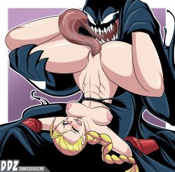 Rule 34 | 1boy, 1girl, bare back, bare shoulders, barefoot, blonde hair, blue eyes, breasts, cammy white, dankodeadzone, highres, long hair, marvel, marvel vs. capcom, nipples, nude, sharp teeth, simple background, street fighter, teeth, thighs, tongue, tongue out, uncensored, venom (marvel), very long hair
