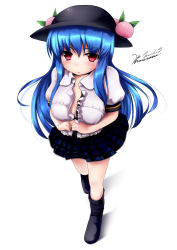 Rule 34 | 1girl, alternate costume, blouse, blue hair, blush, boots, breasts, cleavage, contemporary, embarrassed, female focus, food, fruit, full body, hat, highres, hinanawi tenshi, long hair, medium breasts, miniskirt, open mouth, peach, plaid, plaid skirt, pleated skirt, red eyes, shirt, signature, simple background, skirt, solo, standing, touhou, tsubasa (abchipika), unbuttoned, undressing, white background