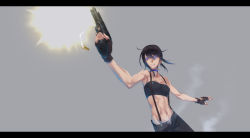 Rule 34 | 1girl, 428, abs, alphard (canaan), bad id, bad pixiv id, bandeau, black hair, blue eyes, breasts, bullet, canaan (series), casing ejection, choker, chunsoft, cleavage, cocking gun, fingerless gloves, firing, fn five-seven, gloves, grey background, gun, hamada youho, handgun, highres, holding, holding gun, holding weapon, letterboxed, medium breasts, midriff, muzzle flash, navel, pdw-caliber pistol, pistol, semi-automatic firearm, shell casing, simple background, solo, strapless, suspenders, tube top, unbuttoned, weapon