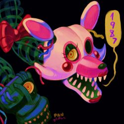 Rule 34 | bow, commentary, corrupted twitter file, english commentary, five nights at freddy&#039;s, five nights at freddy&#039;s 2, highres, looking at viewer, mangle, open mouth, pangloss arte, red bow, solo, speech bubble, teeth, yellow eyes