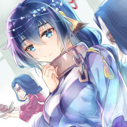 Rule 34 | 3girls, aged up, animal ears, aquaplus, arm up, blue eyes, blue hair, braid, breasts, chain, closed mouth, collar, fingernails, from behind, from side, gradient eyes, hair between eyes, hair ornament, hat, japanese clothes, karulau, kimono, large breasts, long hair, long sleeves, looking at viewer, maid, multicolored eyes, multiple girls, open mouth, purple eyes, purple hair, sidelocks, single braid, sleeves rolled up, smile, sweat, touka (utawarerumono), upper body, utawarerumono, utawarerumono: itsuwari no kamen, very long hair, wavy hair, yami nabe23