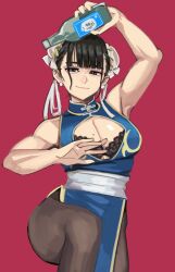 Rule 34 | 1girl, armpits, bare shoulders, black bra, black hair, black pantyhose, blue dress, bottle, bra, breasts, capcom, china dress, chinese clothes, chun-li, chun-li (cosplay), cleavage cutout, clothing cutout, cosplay, double bun, dress, hair bun, hand up, highres, holding, lace, lace-trimmed bra, lace trim, looking at viewer, mole, mole under eye, muscular, original, pantyhose, pink background, solo, street fighter, underwear, wani (perfect han), wine bottle