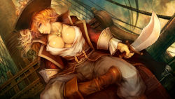 Rule 34 | 1girl, anna bonnie, belt, blonde hair, boots, breasts, cleavage, cutlass, cutlass, dragon&#039;s crown, dutch angle, earrings, game cg, hat, highres, holding, holding sword, holding weapon, jewelry, large breasts, long hair, necklace, official art, open clothes, open shirt, pants, pirate, pirate costume, pirate hat, pirate ship, profile, shigatake, ship, shirt, sitting, skull necklace, solo, sword, vanillaware, watercraft, weapon