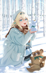 Rule 34 | 1girl, absurdres, almico, aqua eyes, blonde hair, coat, hat, highres, hololive, kazama iroha, long sleeves, open mouth, outdoors, smile, solo, virtual youtuber, white hat, winter clothes