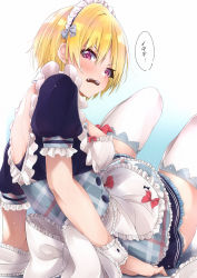 Rule 34 | absurdres, apron, blonde hair, blush, bow, commentary request, frilled apron, frilled skirt, frills, groin, highres, idolmaster, idolmaster shiny colors, knees up, looking at viewer, maid, maid headdress, miniskirt, puffy short sleeves, puffy sleeves, purple eyes, red bow, saijo juri, short hair, short sleeves, shoulder blades, simple background, sitting, skirt, solo, thighhighs, thighs, translated, tutinako, white thighhighs, wrist cuffs, zettai ryouiki